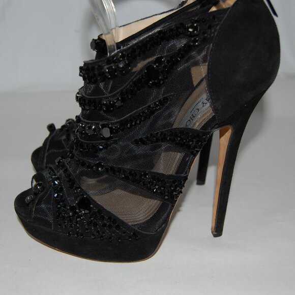 US8.5❤️ Jimmy Choo Black Suede High Heels Ankle Crystal Platform Boots ITALY - Picture 6 of 15